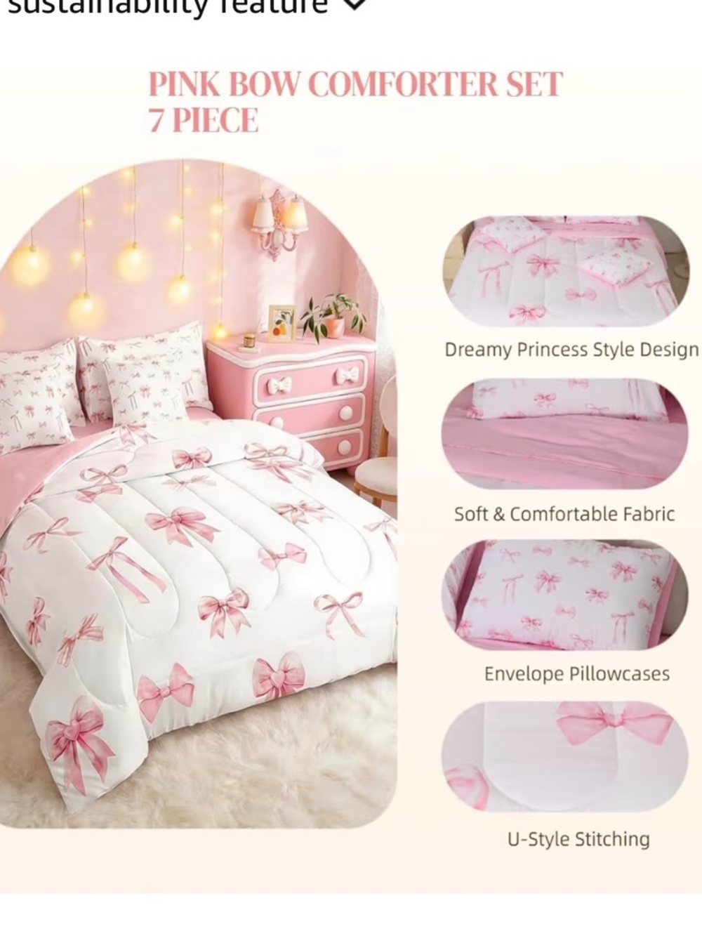 Pink Bow Comforter Set - 7 Piece Home Bedding BRAND NEW